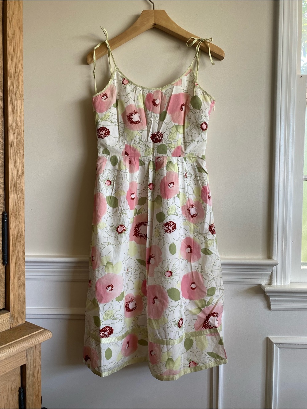 Vintage Express Floral Spaghetti Strap Sundress Pink Green White Tie Shoulder 4